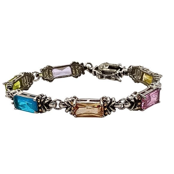 Vintage Womens Silver Plated Art Glass Bracelet Intricate Elegant Glam Multi - Picture 1 of 5